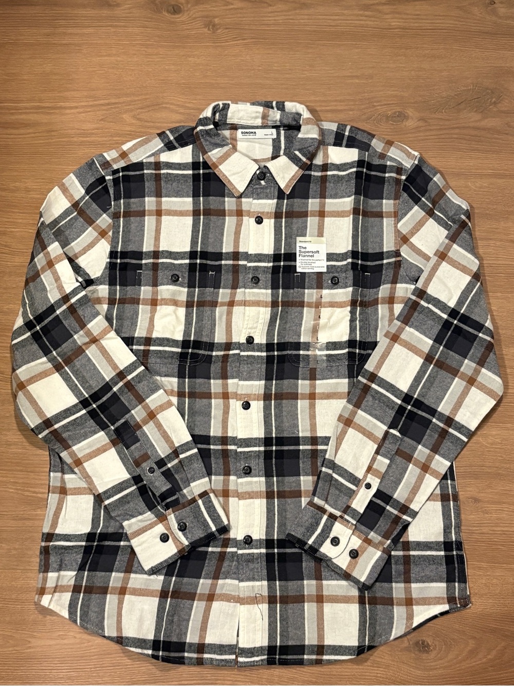 SONOMA Men's Plaid Flannel Shirt - Cream, Black & Brown